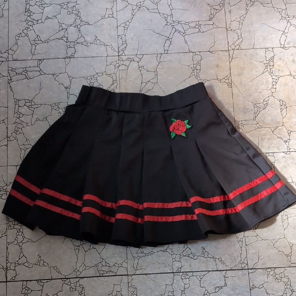 Spencer's Black Skirt W Red Ribbon Detail & Rose Embroidery
